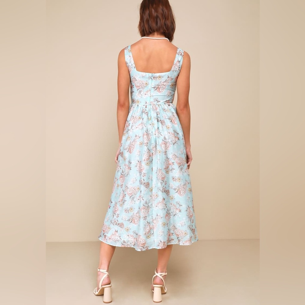 Lulus Darling Adoration Floral Midi DressSz  XL Pockets Square Neck Basque Waist - Picture 6 of 16